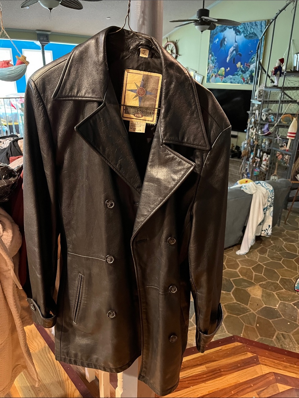 Men's Black Leather Double-Breasted Coat